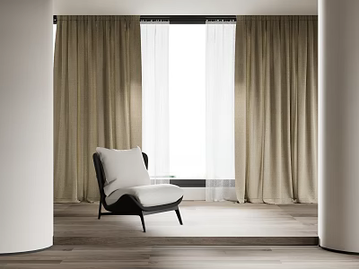 Beige Curtains With Sheer Panels In Modern Room Featuring Window And Armchair On Wooden Floor 3d model
