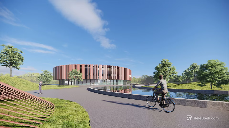 Modern Round Museum Building With Red Facade Waterfront Path And Cyclist 3d model