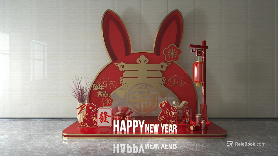 Red Rabbit Ear New Year Decoration With Fortune Character Lantern And Cloud Patterns 3d model