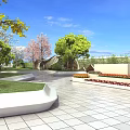 Scenic Park Landscape With Green Trees Pink Blossoms Tiled Pavement Green Lawn And Blue Sky
