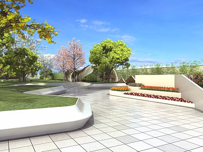 Scenic Park Landscape With Green Trees Pink Blossoms Tiled Pavement Green Lawn And Blue Sky 3d model