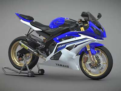 Yamaha R6 Motorcycle in Blue and White with Gold Wheels and Black Seat on Stand 3d model