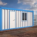 Blue And White Striped Container Building With Door Window And Stacked Containers 3d model