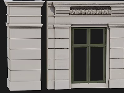 Classical Building Exterior Wall With White Columns Dark Green Windows And Ornamental Moldings 3d model