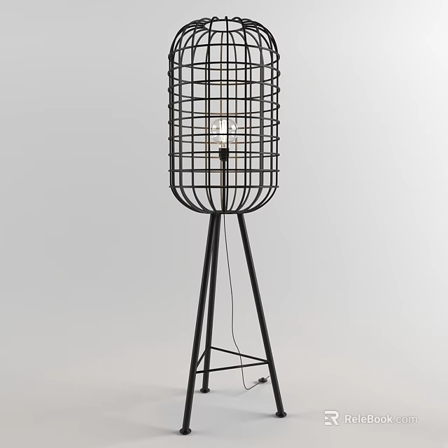 Modern Black Metal Floor Lamp With Grid Shade And Tripod Base 3d model 