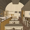 Wooden Modern Restaurant Interior With Bar Counter Dining Tables Natural Lighting And Seating Area