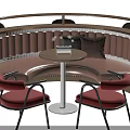 Public Chair Design With Curved Wooden Seating And Tables For Casual Public Area