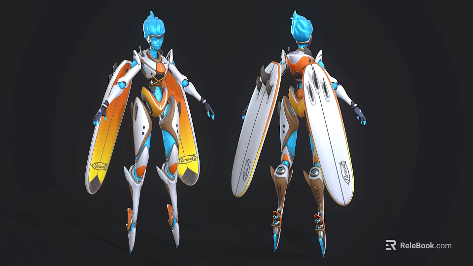 Biomechanical Character With Blue Hair White Blue Orange Winged Armor Front Back Views 3d model 