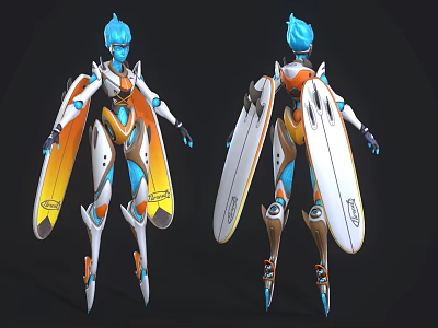 Biomechanical Character With Blue Hair White Blue Orange Winged Armor Front Back Views 3d model