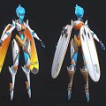 Biomechanical Character With Blue Hair White Blue Orange Winged Armor Front Back Views
