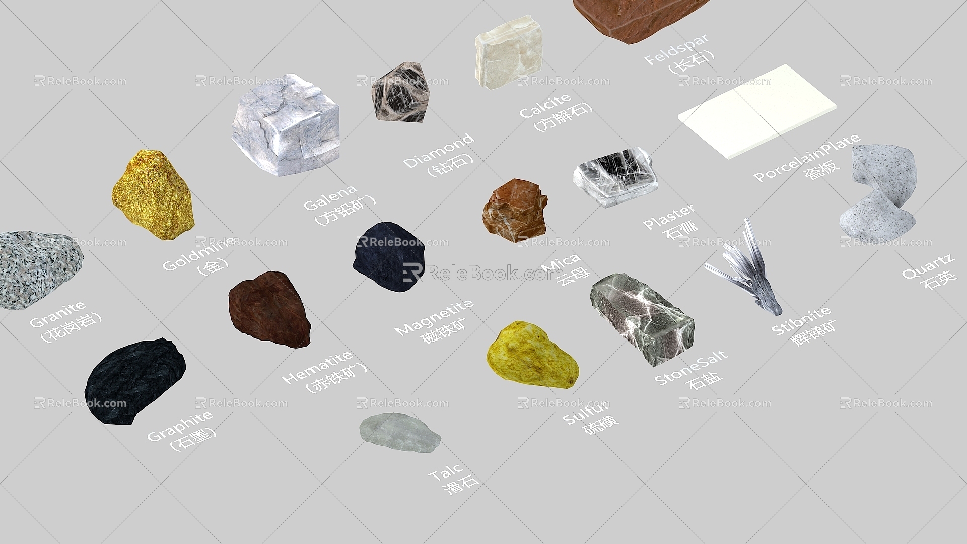 rock ore granite graphite magnetite stibnite stone salt sulfur talc diamond galena gold stone mineral 3d model