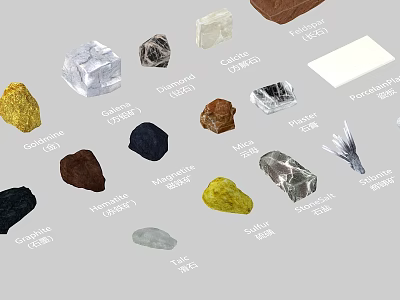 Natural Stone And Wood Samples Collection With Quartz Jasper Obsidian And Wooden Blocks 3d model