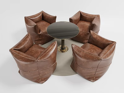 Brown Leather Four Piece Leisure Sofa Set With Round Black Coffee Table 3d model