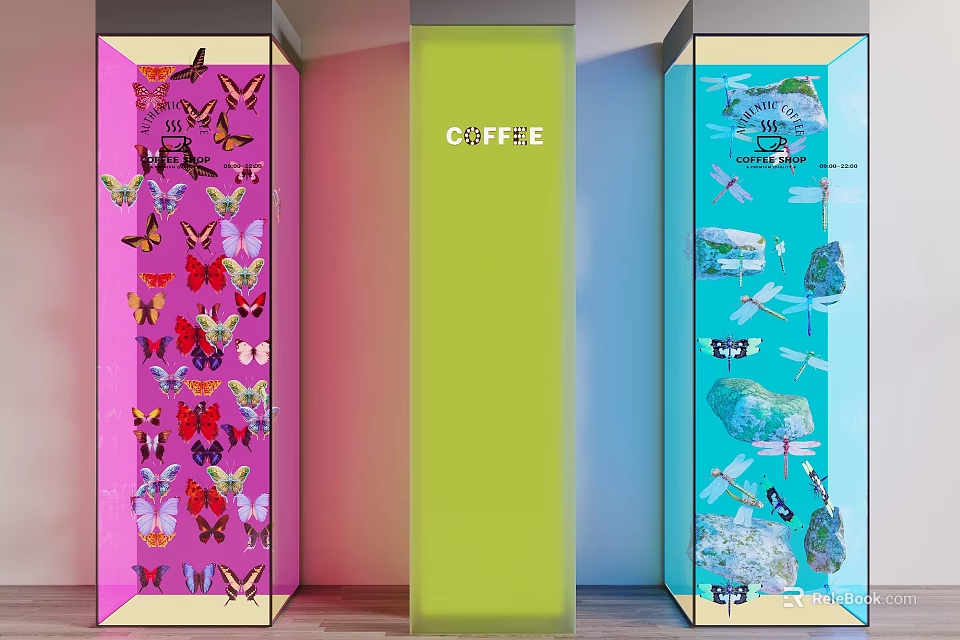 Colorful Window Display With Pink Butterfly Green FFIE And Blue Dragonfly Flower Patterns 3d model 