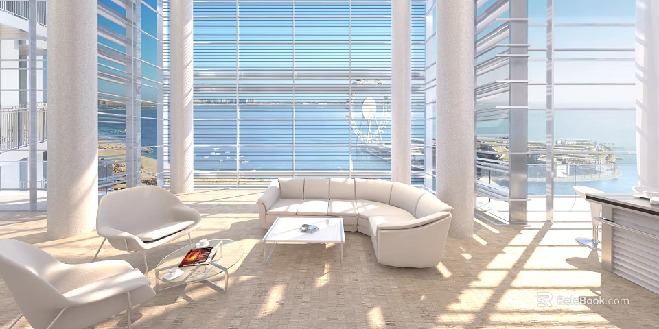 Modern Living Room Interior With White Sofa Large Windows Blinds And Sunlight 3d model 