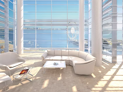 Modern Living Room Interior With White Sofa Large Windows Blinds And Sunlight 3d model