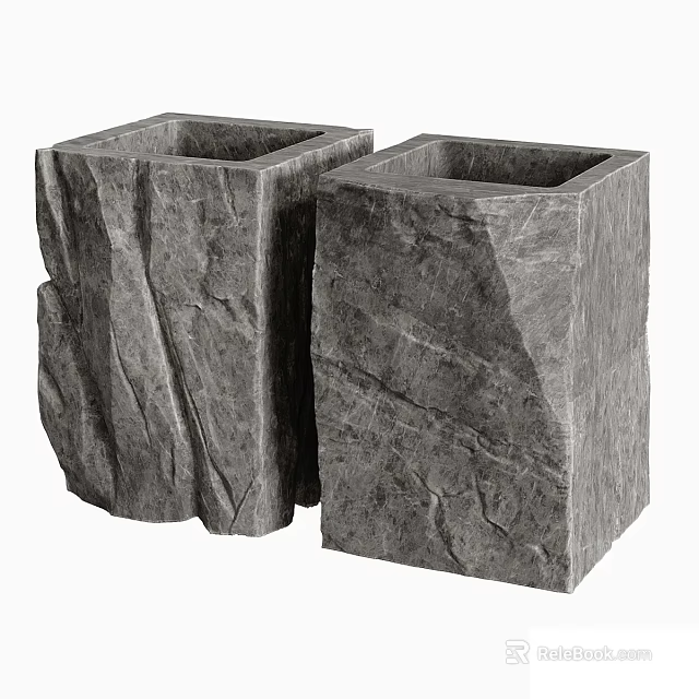 Two Square Textured Stone Washbasins For Modern Bathroom Interior Design 3d model 