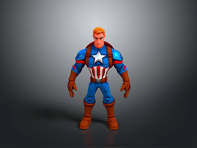 Man In Red White Blue Superhero Uniform With Star Emblem Striped Chest And Brown Boots 3d model