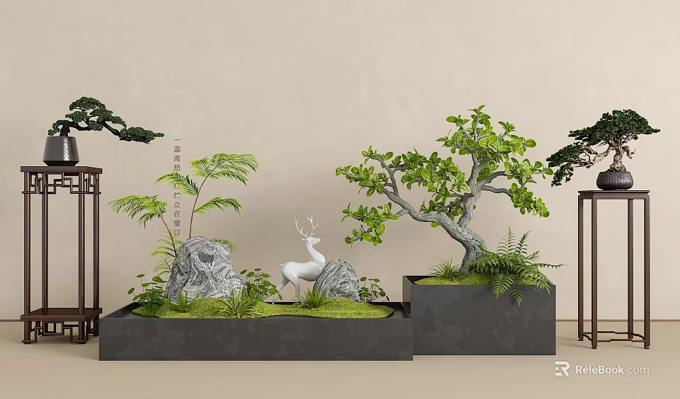 Bonsai Potted Plants With Green Trees Stones White Deer Ornament And Grass 3d model 