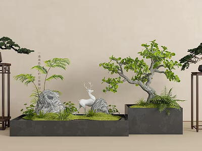 Bonsai Potted Plants With Green Trees Stones White Deer Ornament And Grass 3d model