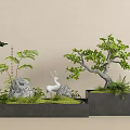 Bonsai Potted Plants With Green Trees Stones White Deer Ornament And Grass