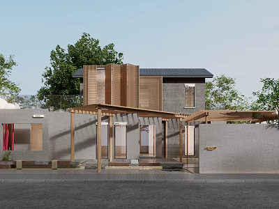 Modern Building Exterior With Wooden Structure Gray Walls Outdoor Space And Trees 3d model