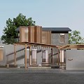 Modern Building Exterior With Wooden Structure Gray Walls Outdoor Space And Trees