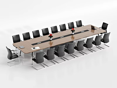 Long Wooden Conference Table With Black Chairs And Red Flower Centerpieces 3d model