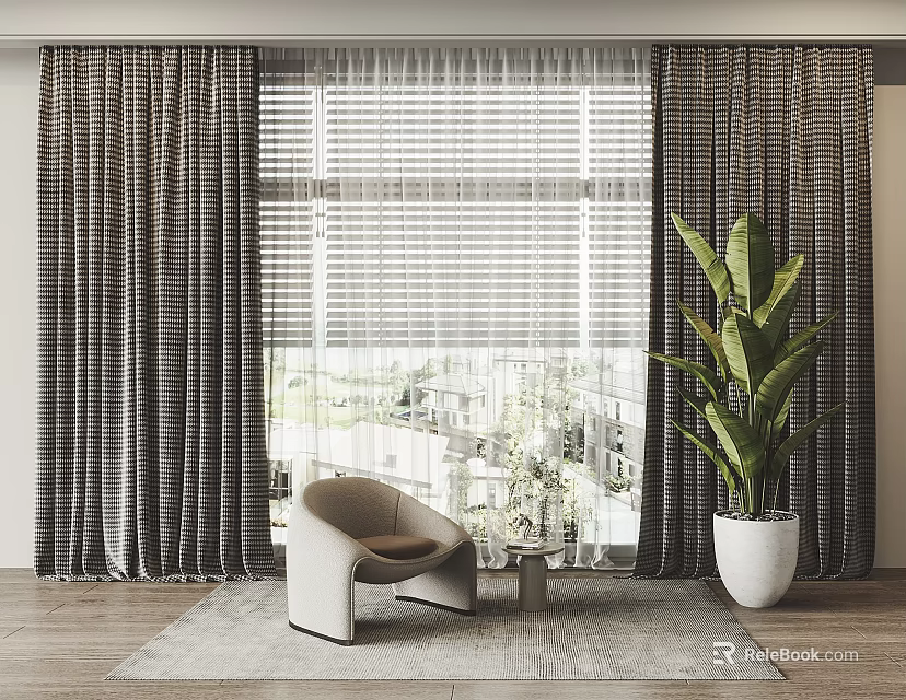 Dark Curtains in Modern Room with Window White Blinds Armchair and Potted Plant 3d model 