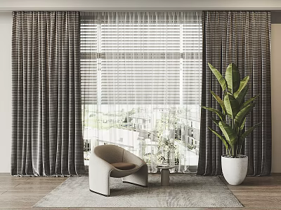 Dark Curtains in Modern Room with Window White Blinds Armchair and Potted Plant 3d model
