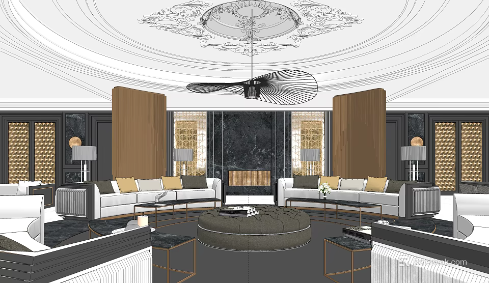 Modern Leisure Area With White Sofa Set Round Coffee Table And Decorative Ceiling 3d model