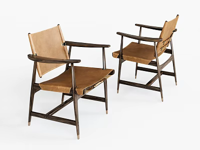 Pair of Vintage Accent Chairs with Wooden Frame Leather Upholstery and Armrests 3d model