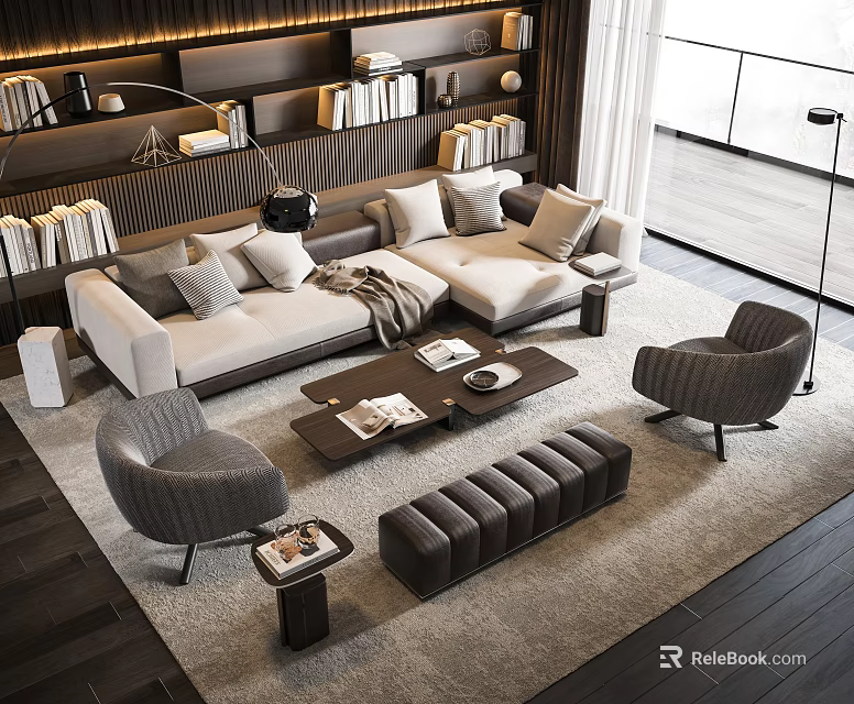Elegant Modern Living Room Interior With Sofa Pillows Coffee Table Armchairs And Ottoman 3d model 