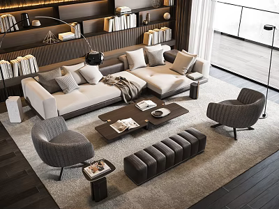 Elegant Modern Living Room Interior With Sofa Pillows Coffee Table Armchairs And Ottoman 3d model