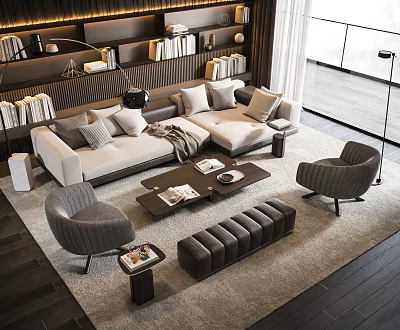 Elegant Modern Living Room Interior With Sofa Pillows Coffee Table Armchairs And Ottoman 3d model