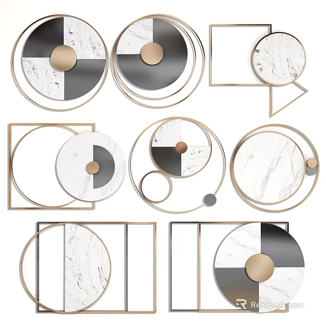 Modern Geometric Wall Decor With Circular Square Shapes Marble Texture And Golden Frames 3d model 