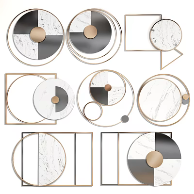 Modern Geometric Wall Decor With Circular Square Shapes Marble Texture And Golden Frames 3d model
