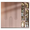 Modern Light Gray Wardrobe with Geometric Line Patterns and Open Shelves with Decorative Figurines