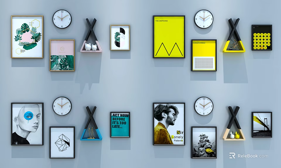 Stylish Gallery Wall With Various Frames Clocks Artworks And Decorative Elements 3d model