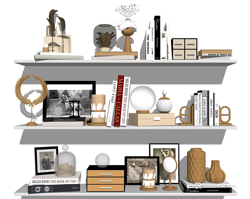 Decorative Ornaments Set on Shelves with Books Photo Frames Vases Candle Holders Sculptures Boxes 3d model 