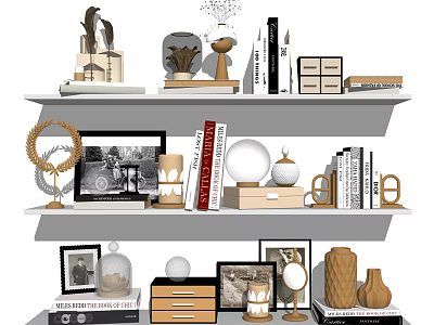 Decorative Ornaments Set on Shelves with Books Photo Frames Vases Candle Holders Sculptures Boxes 3d model