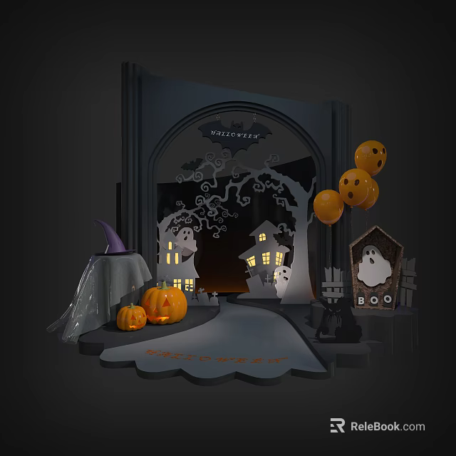 Halloween Themed Decoration Scene With Trick Or Treat Sign Pumpkin Lanterns And Ghost Balloons 3d model 