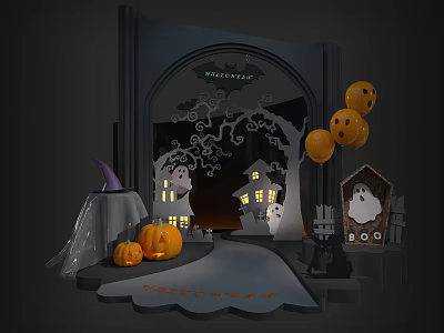 Halloween Themed Decoration Scene With Trick Or Treat Sign Pumpkin Lanterns And Ghost Balloons 3d model