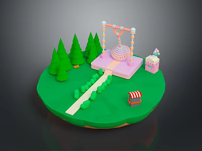 Landscape with Green Ground Pine Trees Pathway Leading to Pink Building and Small Stall 3d model
