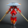Red Mech Warrior With Long Golden Weapons And Umbrella Like Head Design