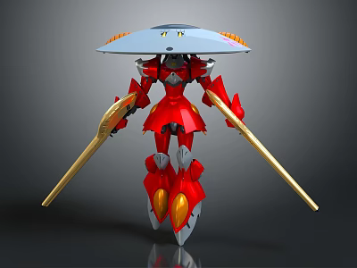 Red Mech Warrior With Long Golden Weapons And Umbrella Like Head Design 3d model