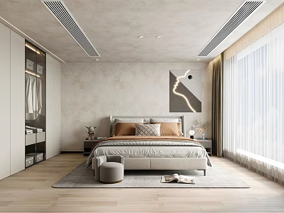 Silent Bedroom Cream Wardrobe Bedside Table Simple Homestay Master Bedroom 3d model