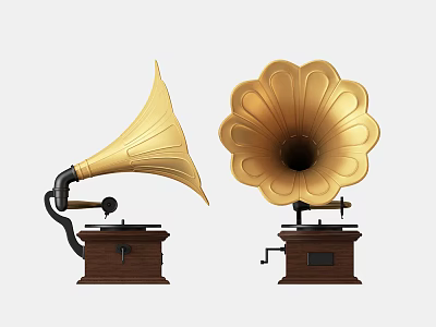 Vintage Gramophones With Golden Horn Speakers And Wooden Base Classic Design 3d model