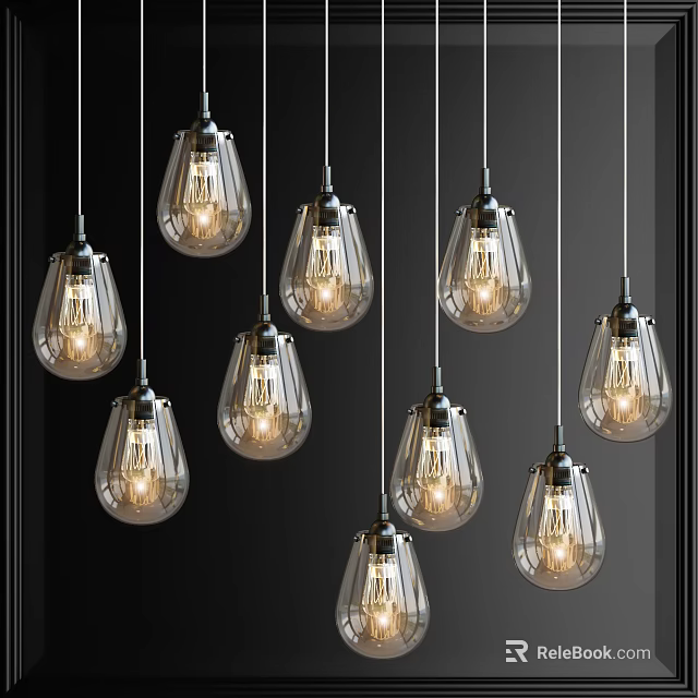 Multiple Modern Clear Glass Pendant Lights With Metal Frame And Exposed Warm Light 3d model 