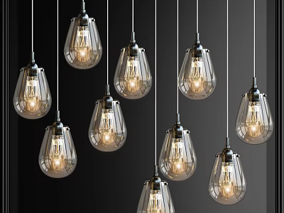 Multiple Modern Clear Glass Pendant Lights With Metal Frame And Exposed Warm Light 3d model